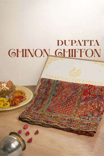 Orange Chinon Chiffon Dupatta All Over Zari And Sequins Work With Border 24561
