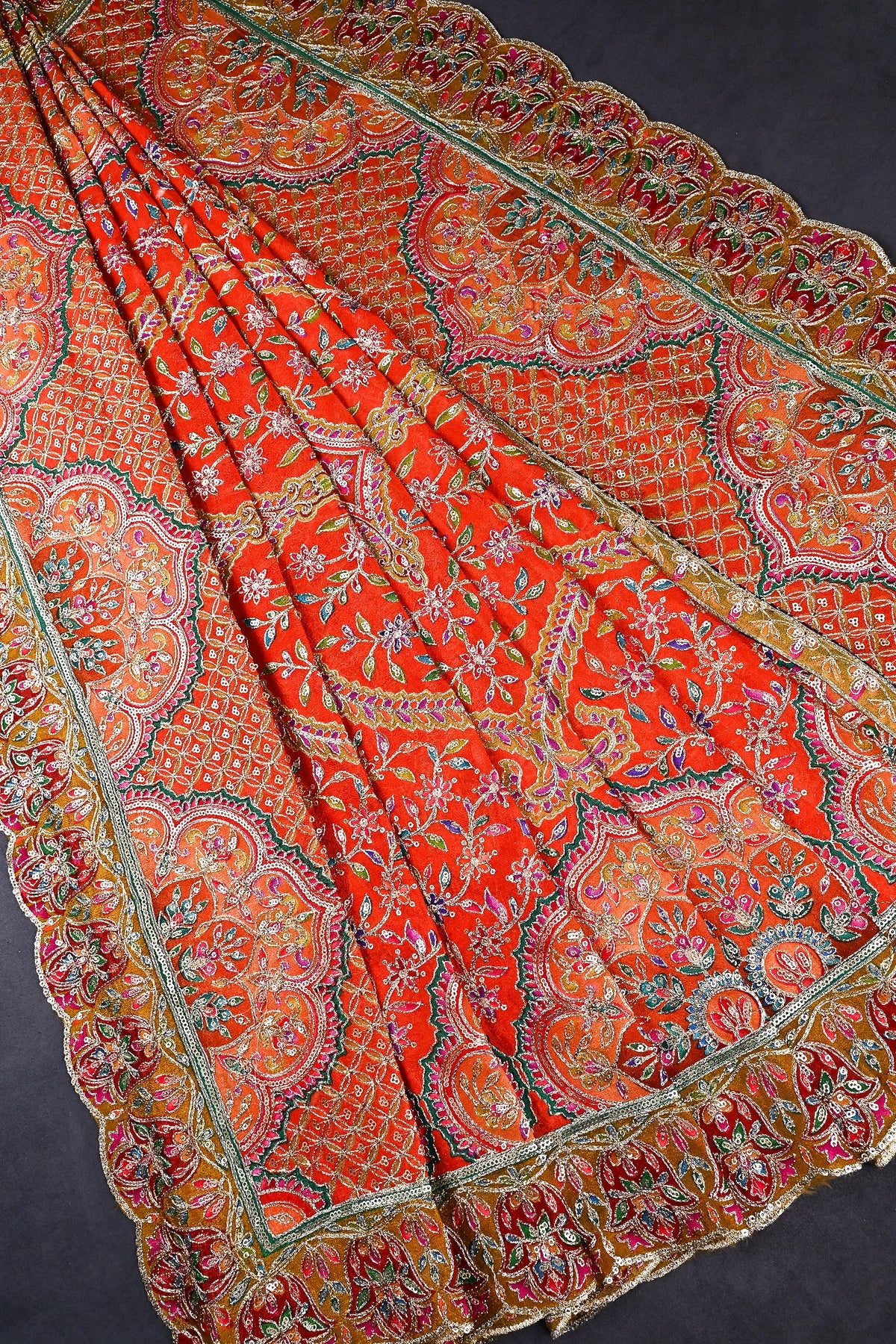 Orange Chinon Chiffon Dupatta All Over Zari And Sequins Work With Border 24561