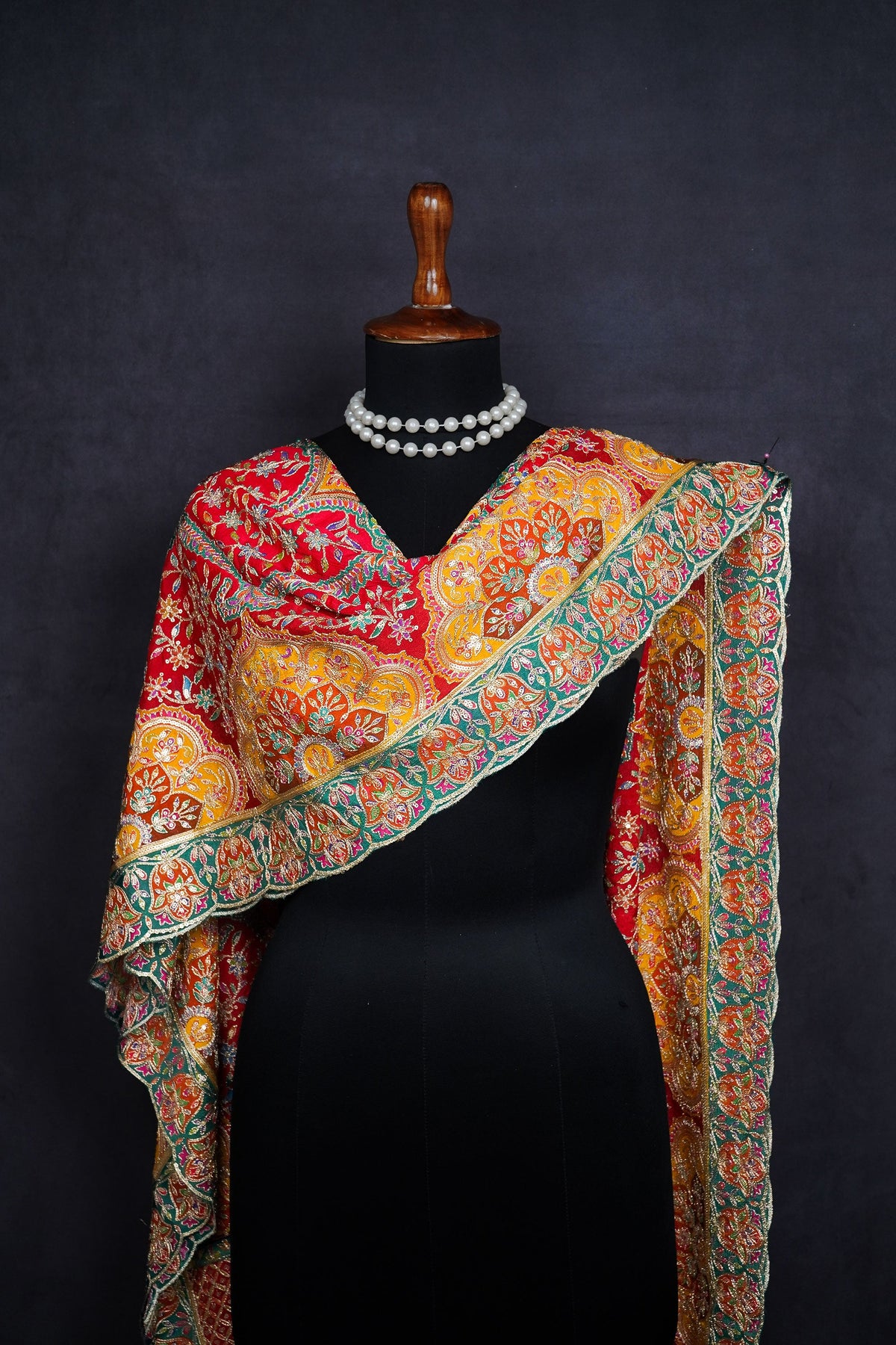 Red Chinon Chiffon Dupatta All Over Zari And Sequins Work With Border 24563