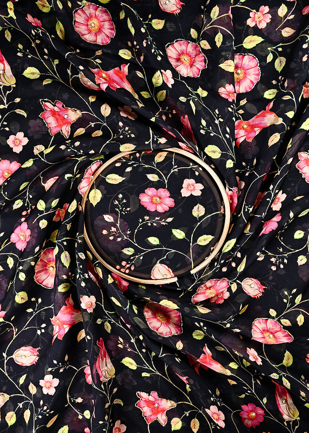 Black Organza Fabric With All Over Floral Print, Bead And Katdana Work 24592