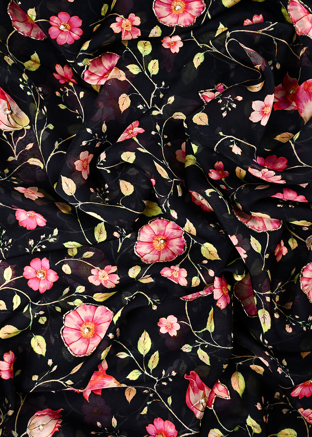 Black Organza Fabric With All Over Floral Print, Bead And Katdana Work 24592