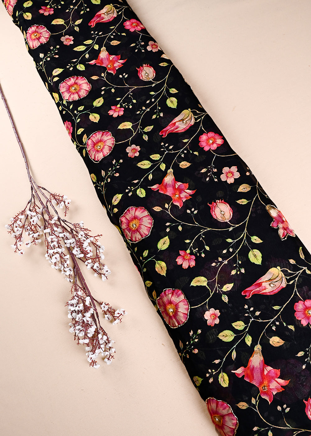 Black Organza Fabric With All Over Floral Print, Bead And Katdana Work 24592