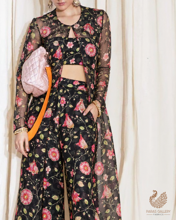 Black Organza Fabric With All Over Floral Print, Bead And Katdana Work 24592