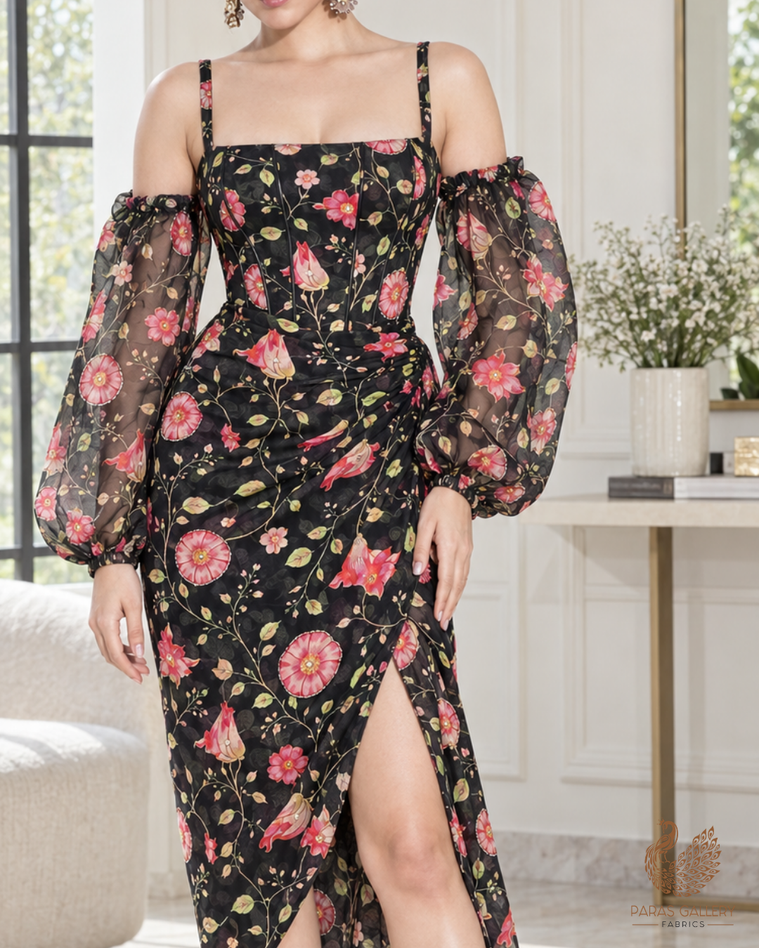Black Organza Fabric With All Over Floral Print, Bead And Katdana Work 24592