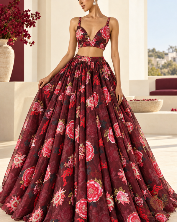Wine Organza Fabric With All Over Floral Print, Bead And Katdana Work 24594