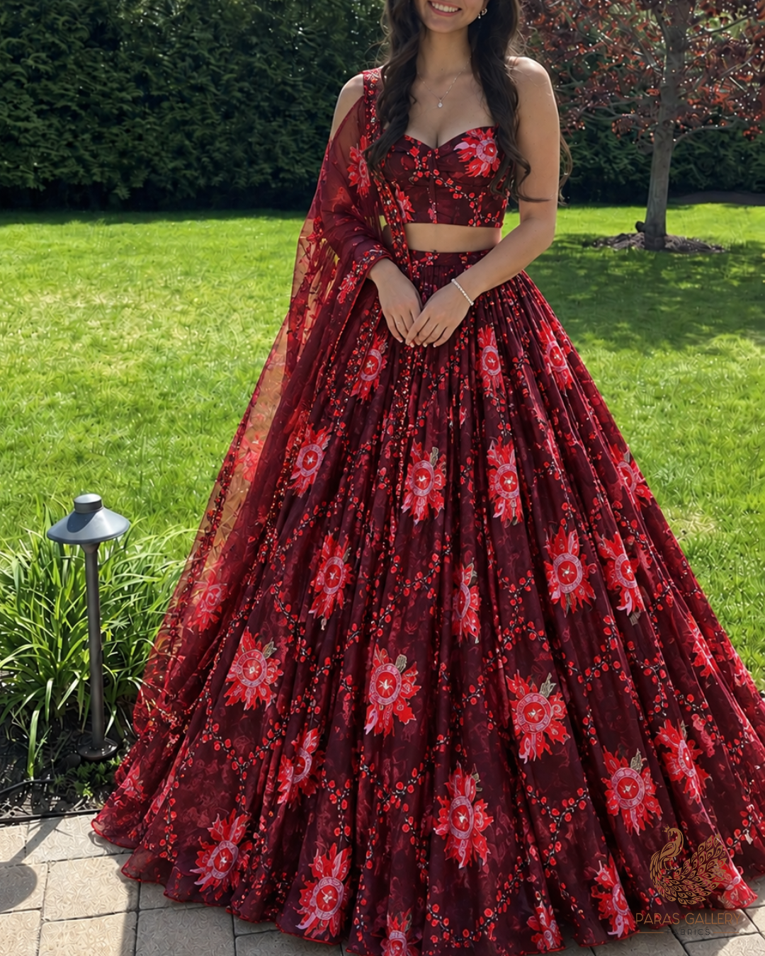 Maroon Organza Fabric With All Over Bead And Katdana Work 24595