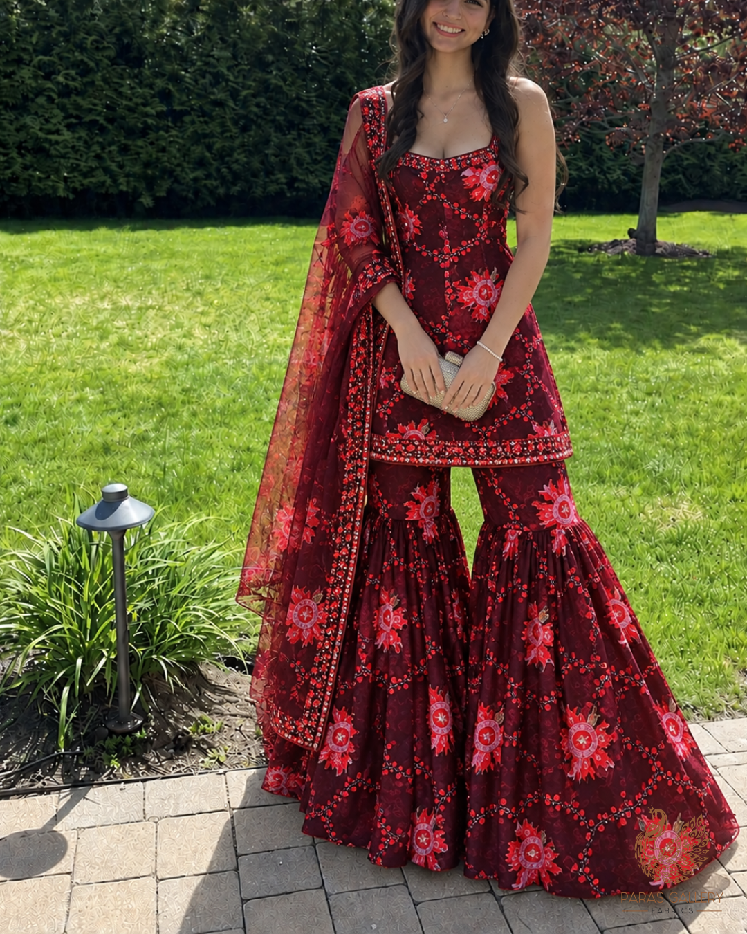 Maroon Organza Fabric With All Over Bead And Katdana Work 24595