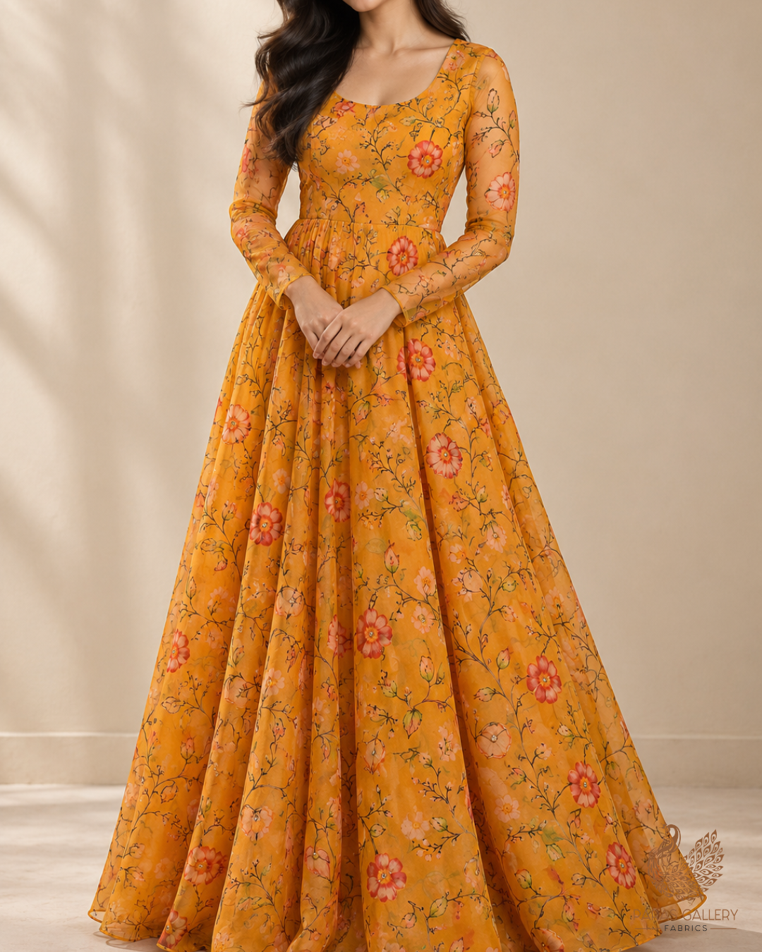 Yellow Organza Fabric With All Over Floral Print, Bead And Katdana Work 24596