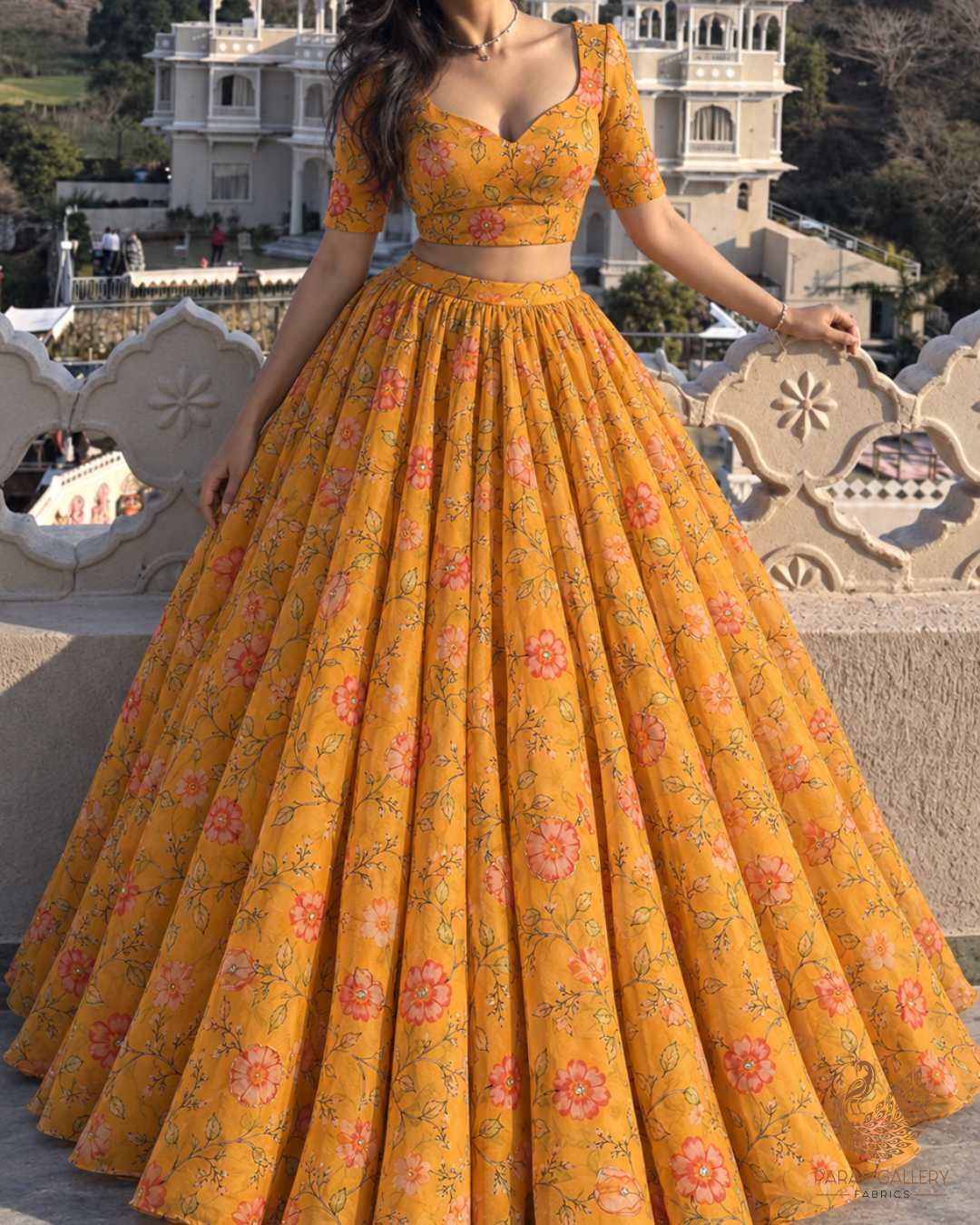 Yellow Organza Fabric With All Over Floral Print, Bead And Katdana Work 24596