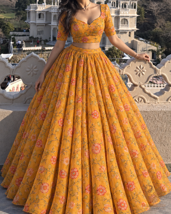 Yellow Organza Fabric With All Over Floral Print, Bead And Katdana Work 24596