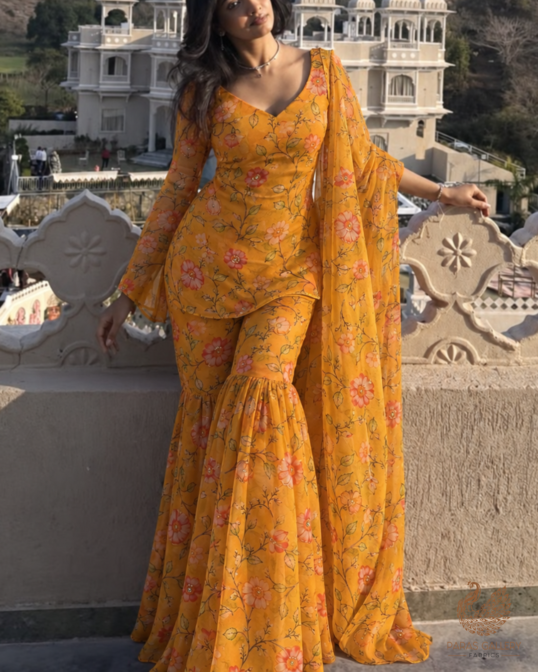 Yellow Organza Fabric With All Over Floral Print, Bead And Katdana Work 24596