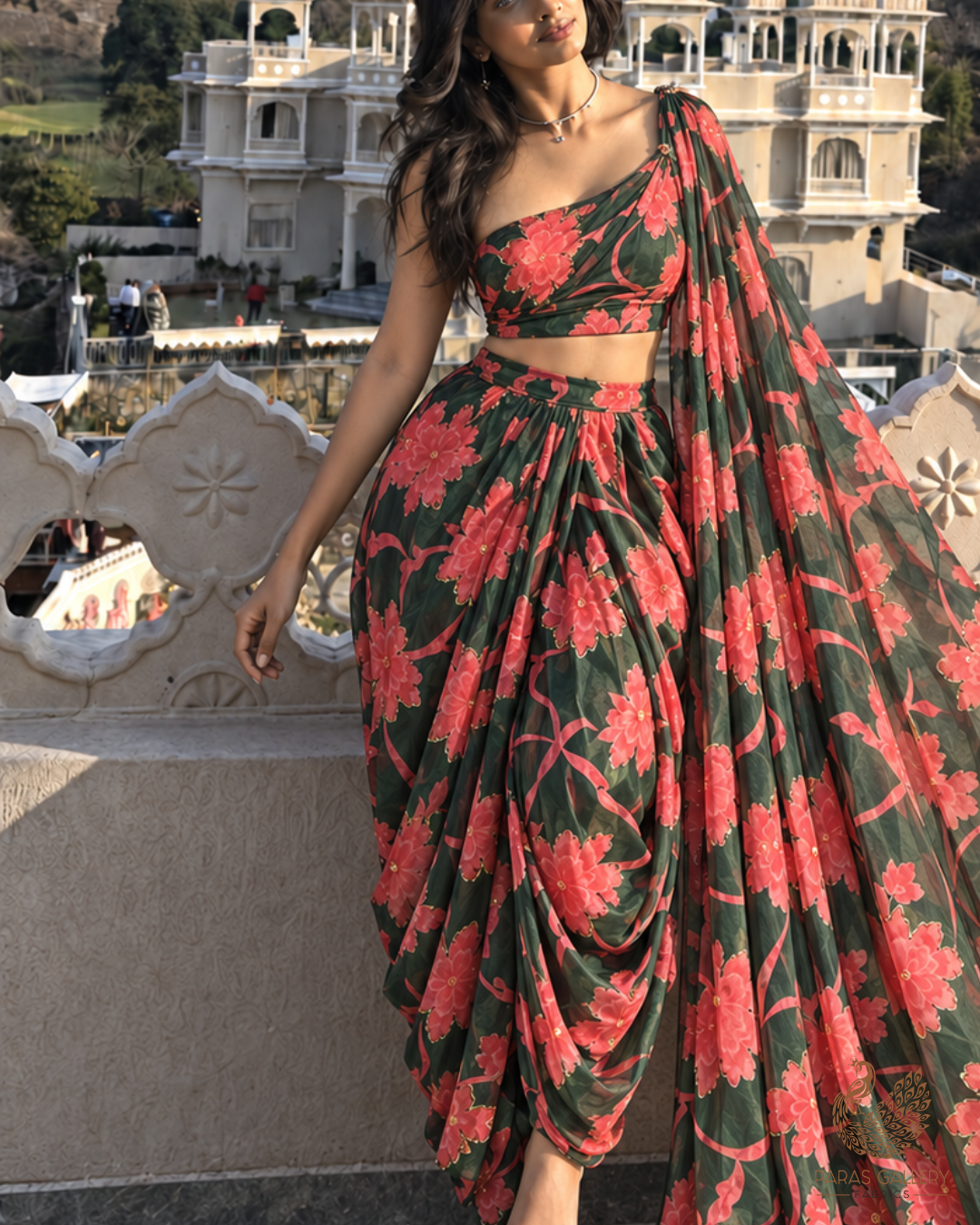 Mehendi Green Organza Fabric With All Over Floral Print, Bead And Katdana Work 24597