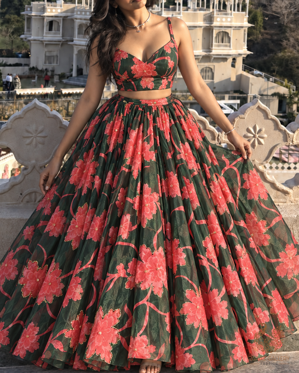 Mehendi Green Organza Fabric With All Over Floral Print, Bead And Katdana Work 24597