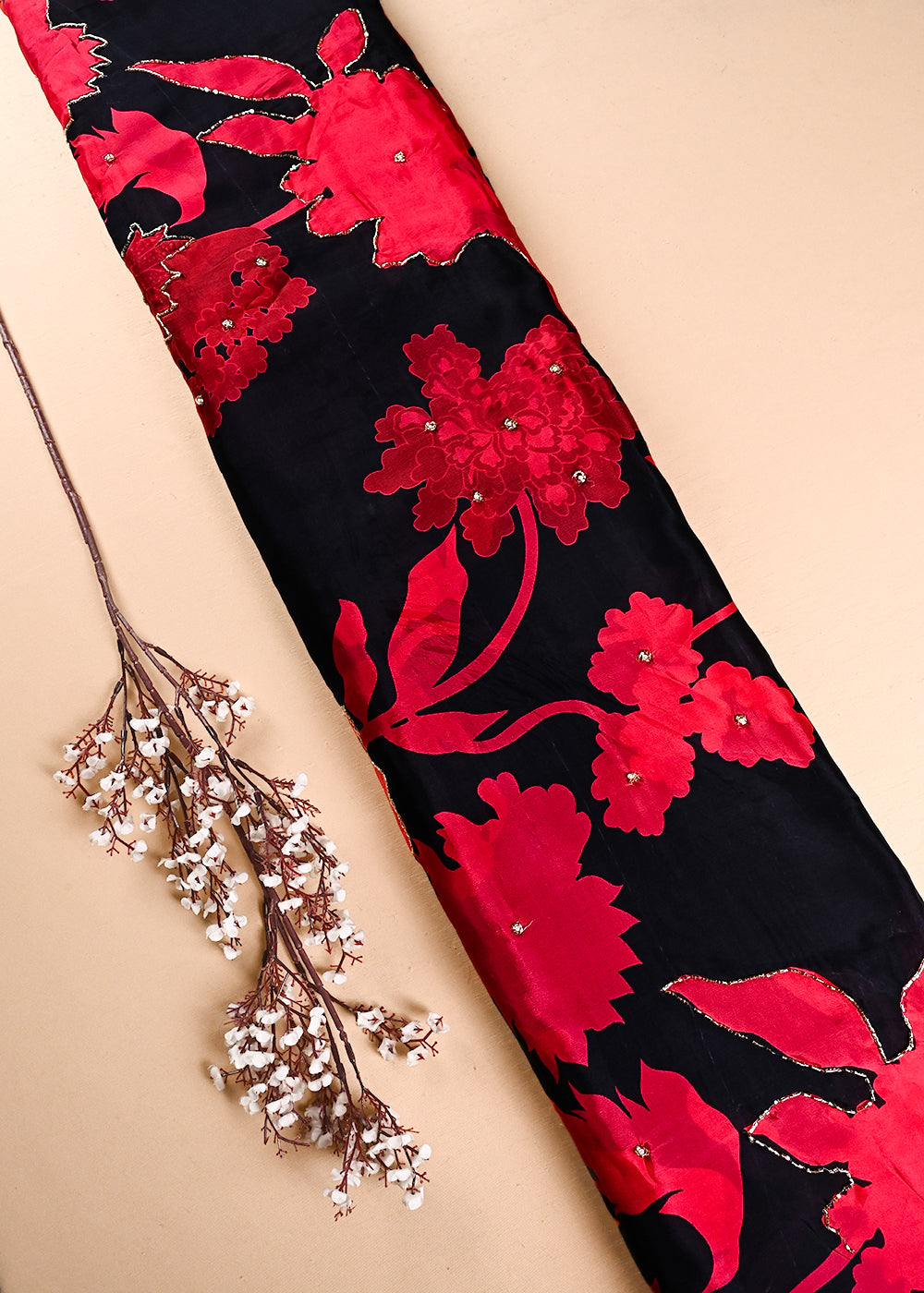 Black Organza Fabric With All Over Floral Print, Bead And Katdana Work 24598