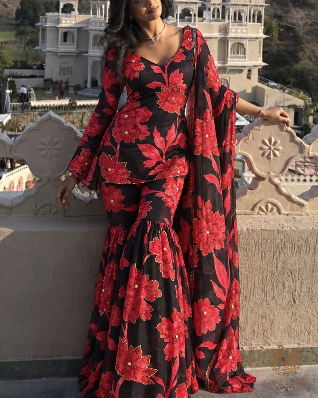 Black Organza Fabric With All Over Floral Print, Bead And Katdana Work 24598