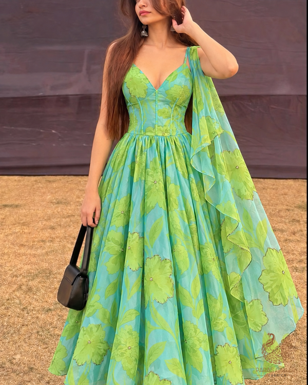 Sky Blue Organza Fabric With All Over Floral Print, Bead And Katdana Work 24599