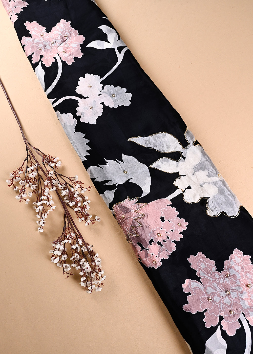 Black Organza Fabric With All Over Floral Print, Bead And Katdana Work 24600