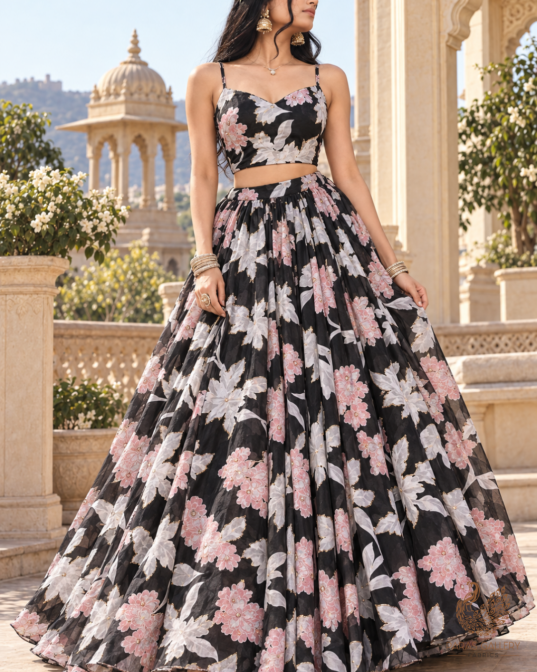 Black Organza Fabric With All Over Floral Print, Bead And Katdana Work 24600