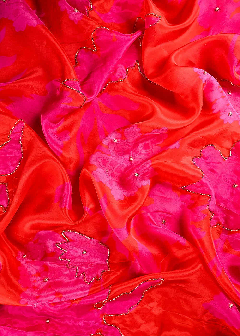 Red Organza Fabric With All Over Floral Print, Bead And Katdana Work 24601