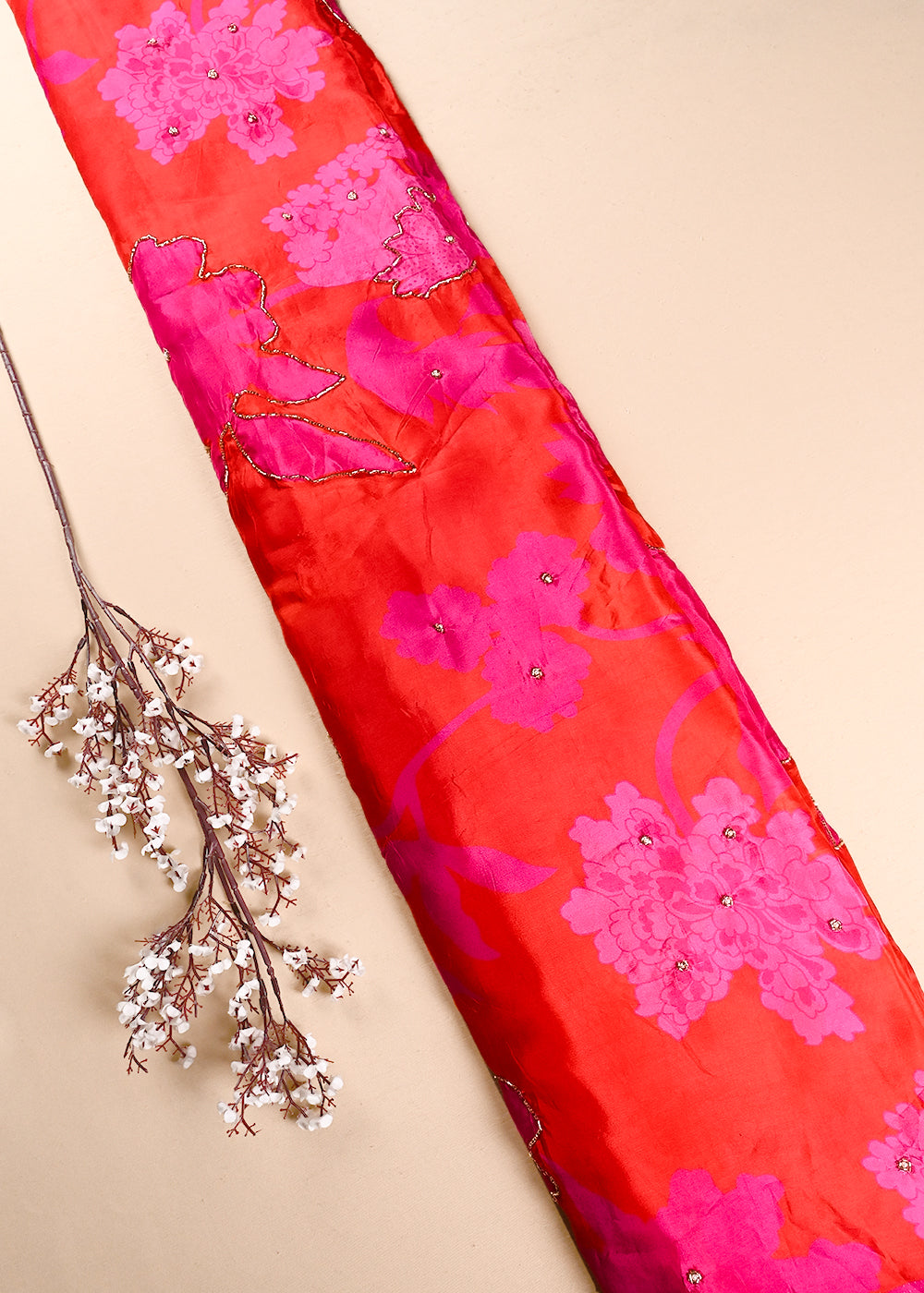 Red Organza Fabric With All Over Floral Print, Bead And Katdana Work 24601