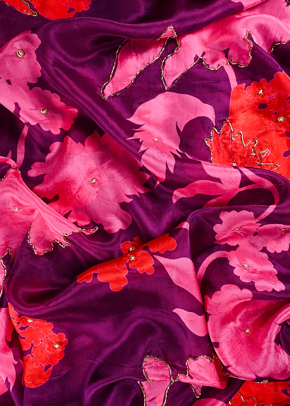 Purple Organza Fabric With All Over Floral Print, Bead And Katdana Work 24602