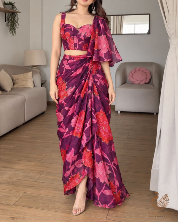 Purple Organza Fabric With All Over Floral Print, Bead And Katdana Work 24602