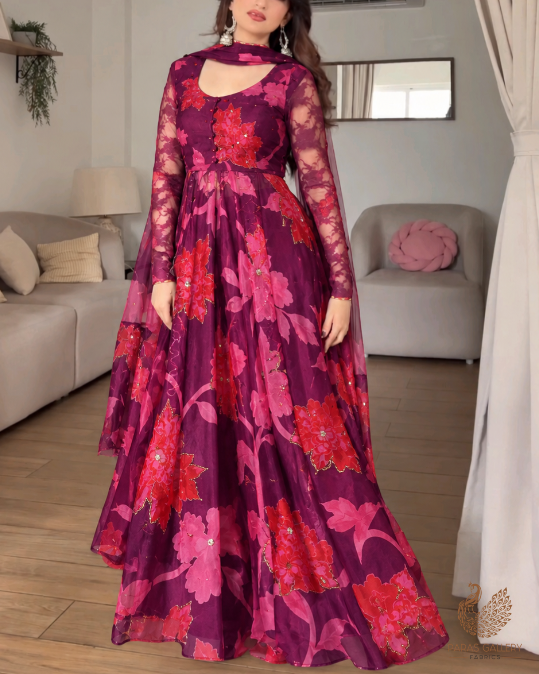 Purple Organza Fabric With All Over Floral Print, Bead And Katdana Work 24602