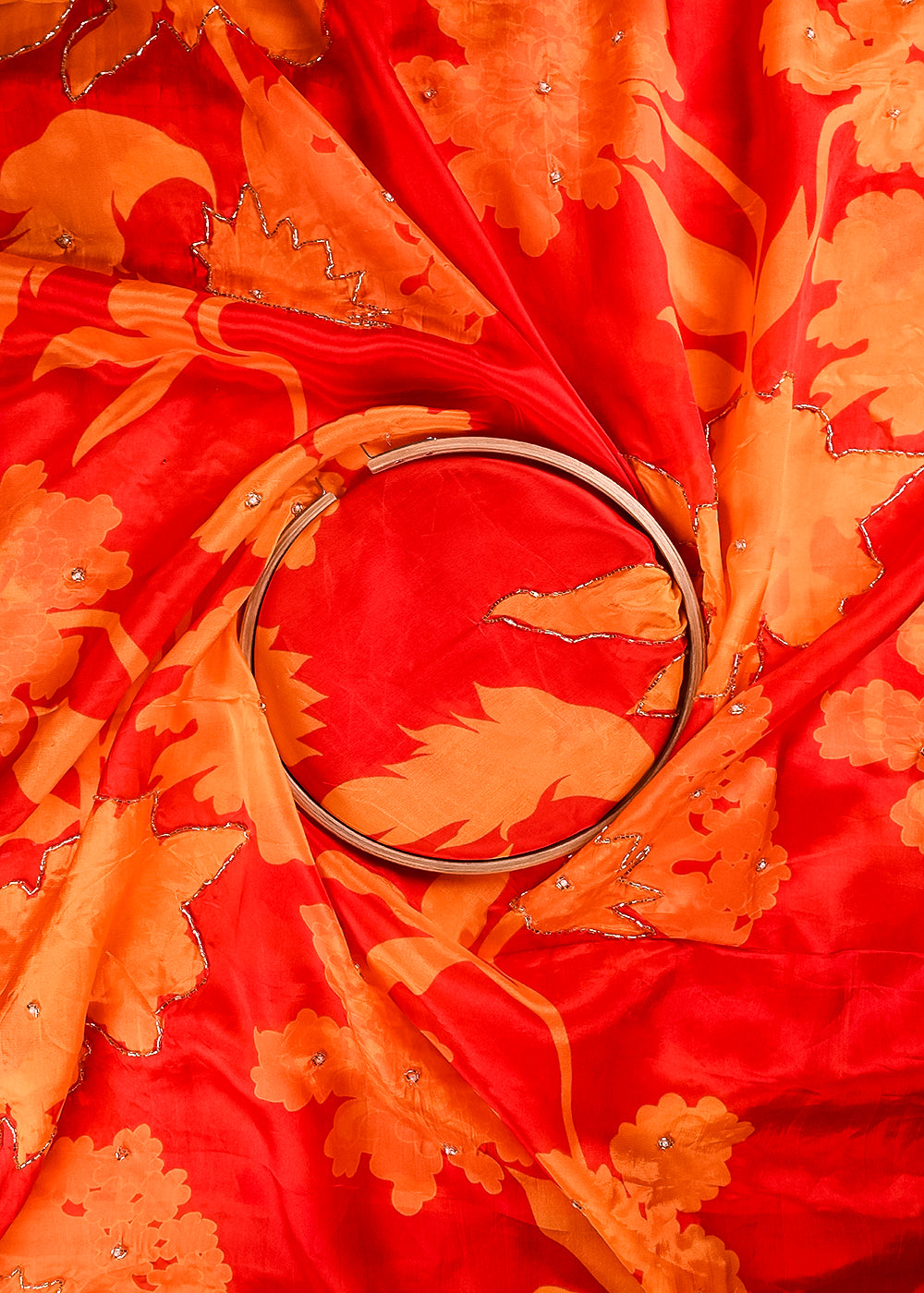 Orange Organza Fabric With All Over Floral Print, Bead And Katdana Work 24603