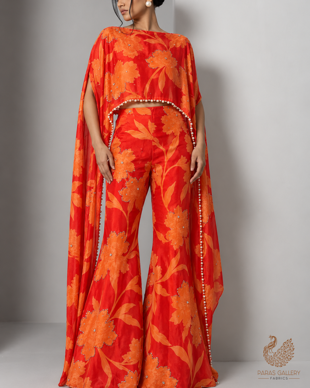 Orange Organza Fabric With All Over Floral Print, Bead And Katdana Work 24603