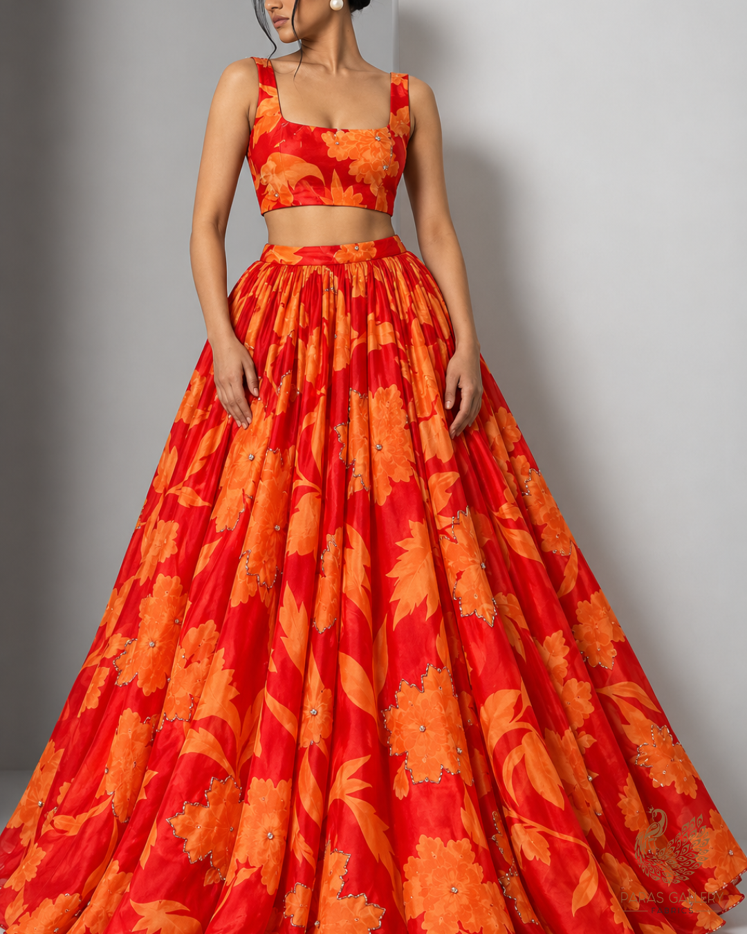 Orange Organza Fabric With All Over Floral Print, Bead And Katdana Work 24603