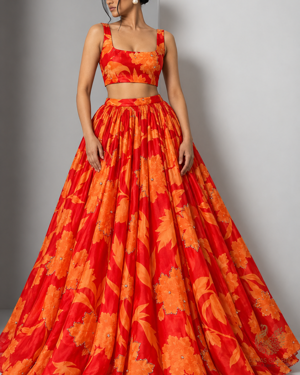 Orange Organza Fabric With All Over Floral Print, Bead And Katdana Work 24603