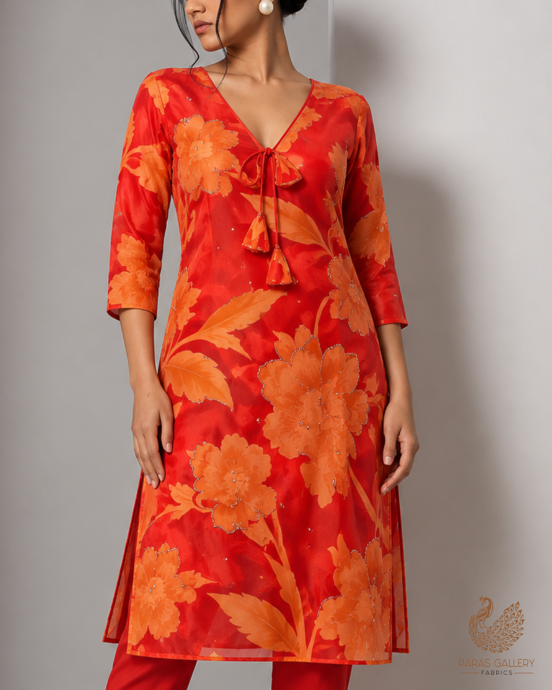 Orange Organza Fabric With All Over Floral Print, Bead And Katdana Work 24603