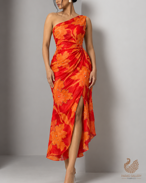 Orange Organza Fabric With All Over Floral Print, Bead And Katdana Work 24603