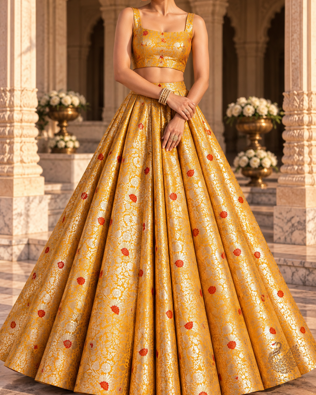 Mustard Banarasi Brocade Fabric With All Over Thread And Zari Handloom 24614