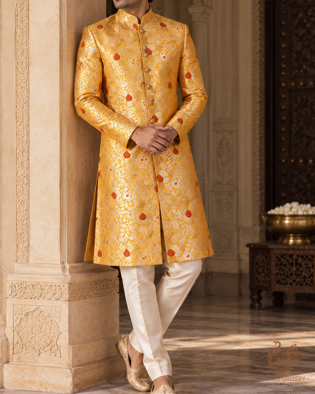 Mustard Banarasi Brocade Fabric With All Over Thread And Zari Handloom 24614