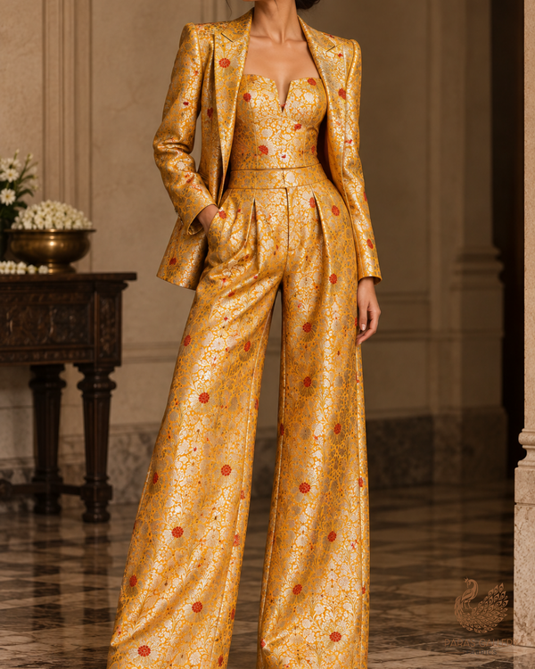 Mustard Banarasi Brocade Fabric With All Over Thread And Zari Handloom 24614