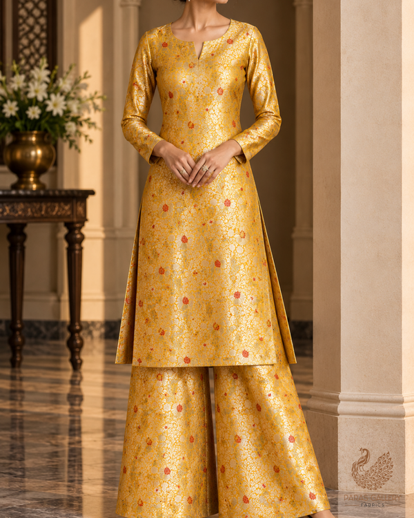 Mustard Banarasi Brocade Fabric With All Over Thread And Zari Handloom 24614