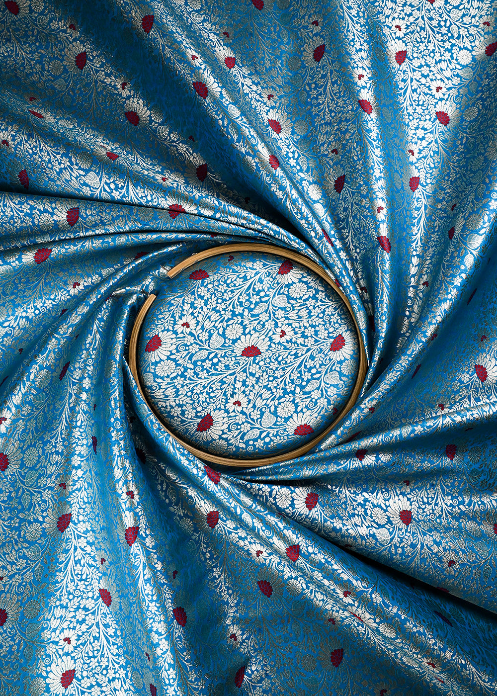 Blue Banarasi Brocade Fabric With All Over Thread And Zari Handloom 24615