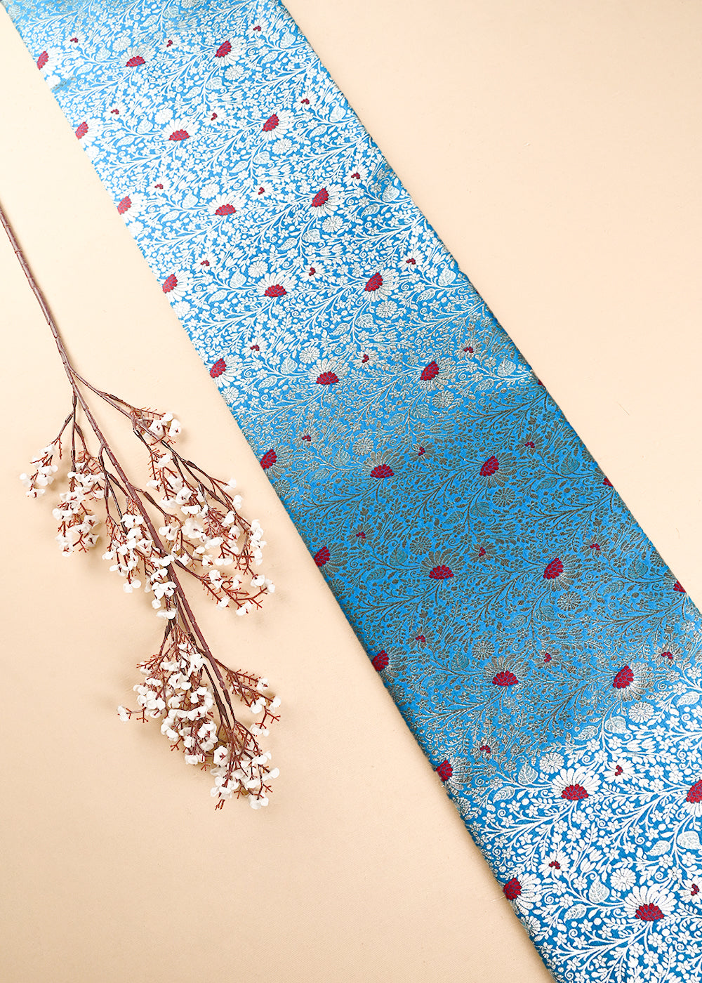 Blue Banarasi Brocade Fabric With All Over Thread And Zari Handloom 24615