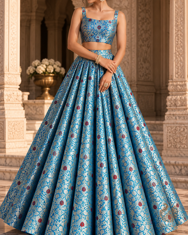 Blue Banarasi Brocade Fabric With All Over Thread And Zari Handloom 24615