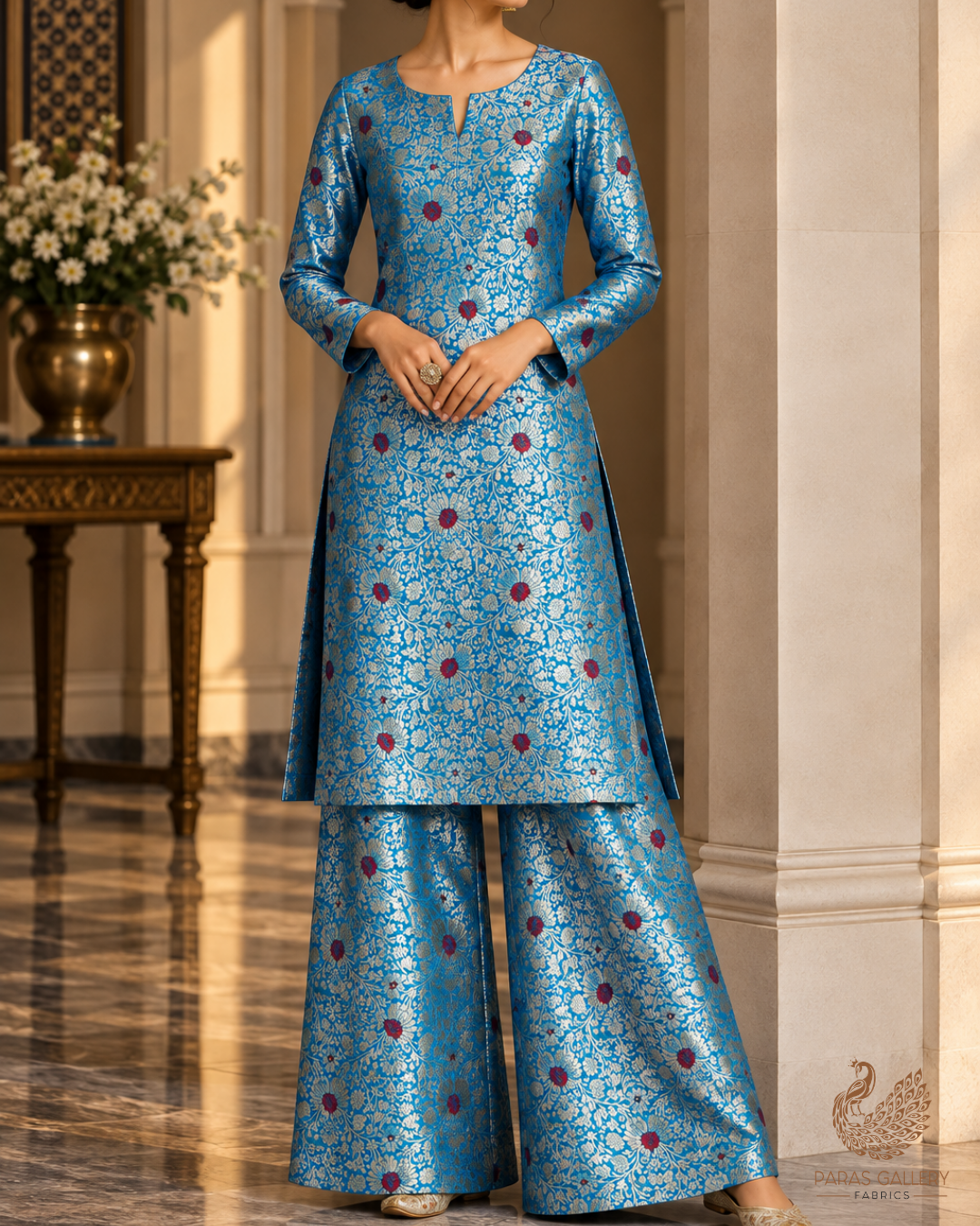 Blue Banarasi Brocade Fabric With All Over Thread And Zari Handloom 24615