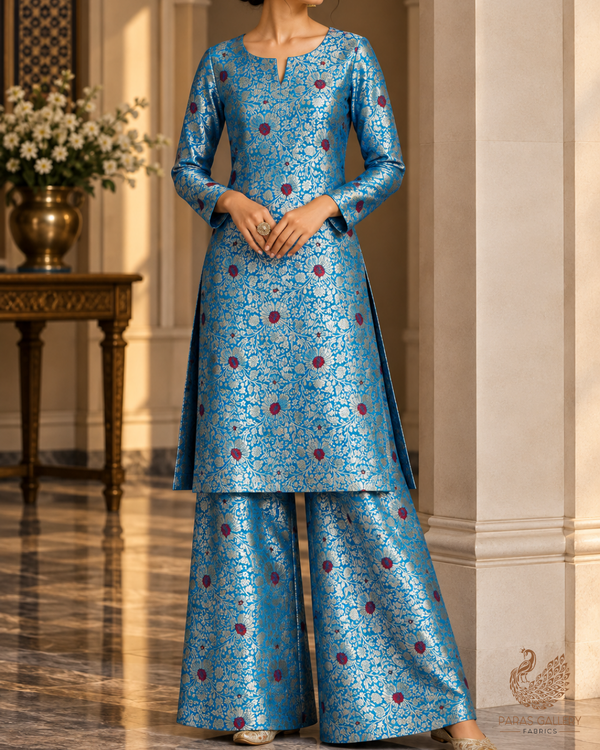 Blue Banarasi Brocade Fabric With All Over Thread And Zari Handloom 24615