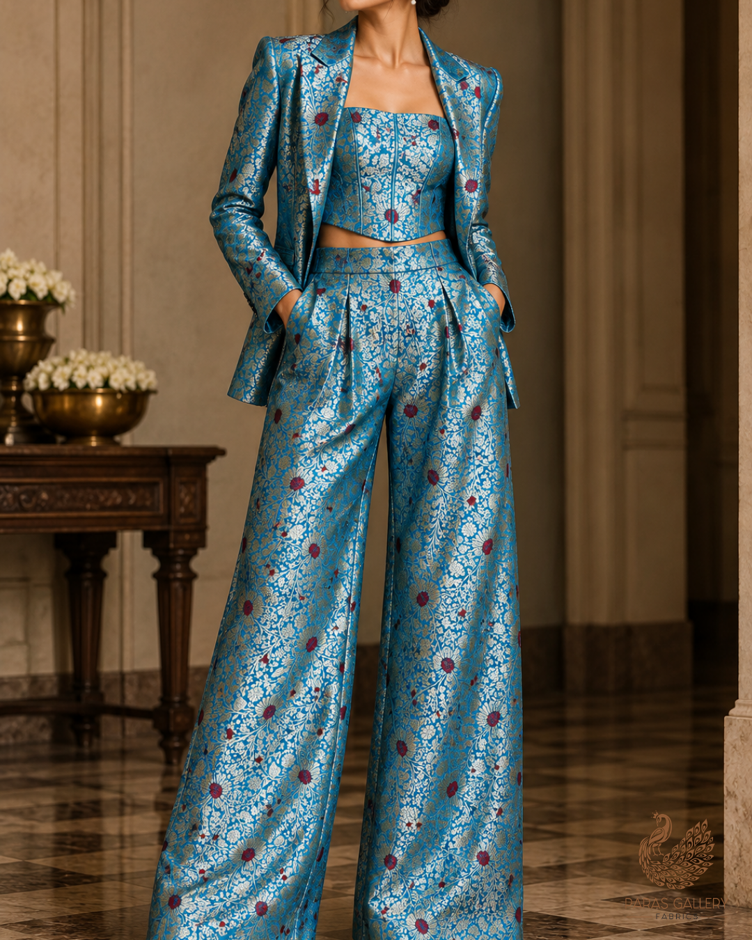 Blue Banarasi Brocade Fabric With All Over Thread And Zari Handloom 24615
