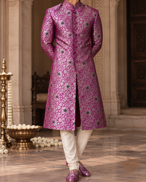 Purple Banarasi Brocade Fabric With All Over Thread And Zari Handloom 24616