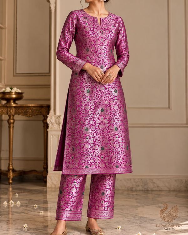 Purple Banarasi Brocade Fabric With All Over Thread And Zari Handloom 24616