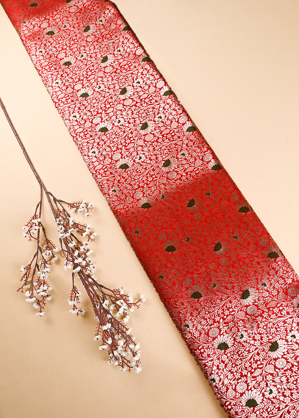 Red Banarasi Brocade Fabric With All Over Thread And Zari Handloom 24617