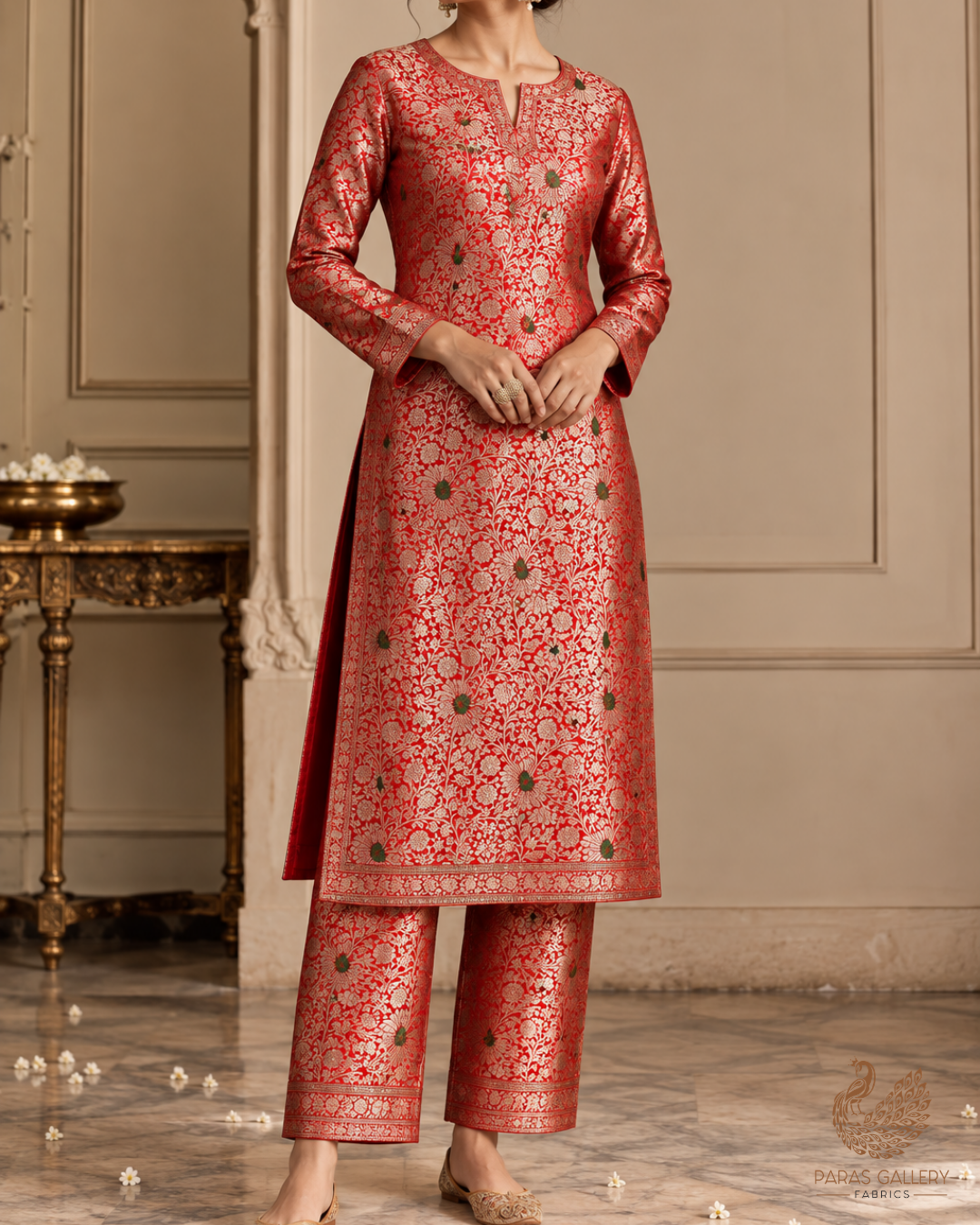 Red Banarasi Brocade Fabric With All Over Thread And Zari Handloom 24617