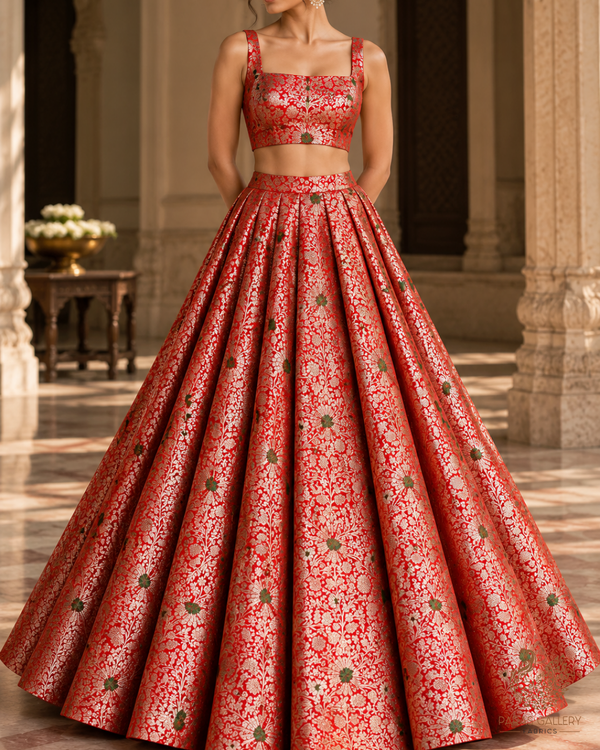 Red Banarasi Brocade Fabric With All Over Thread And Zari Handloom 24617