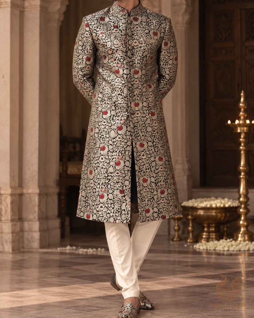 Black Banarasi Brocade Fabric With All Over Thread And Zari Handloom 24618