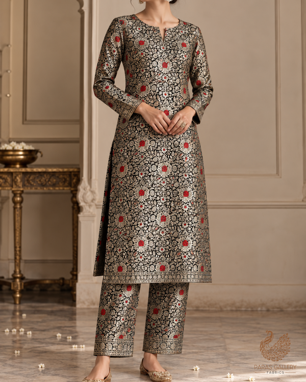 Black Banarasi Brocade Fabric With All Over Thread And Zari Handloom 24618